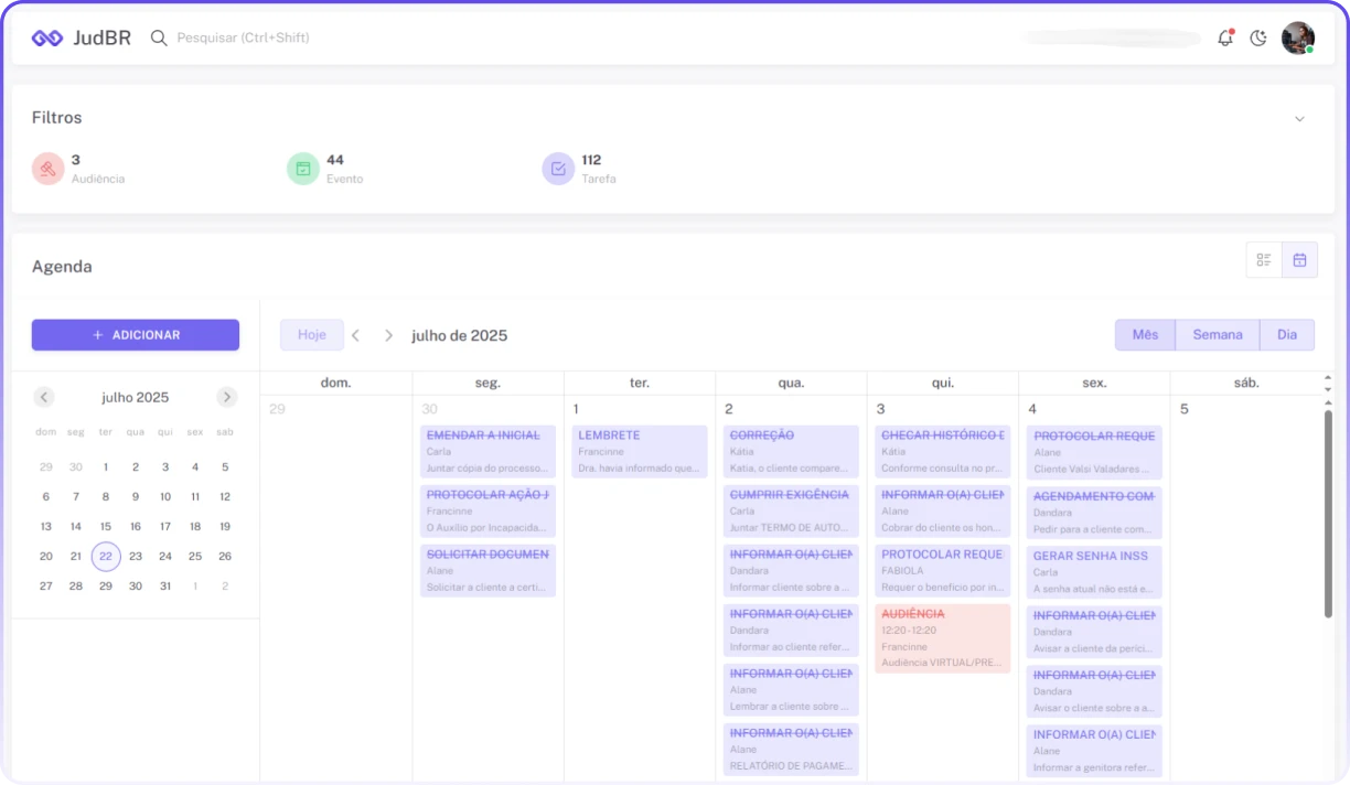 Tela do Calendário Jurídico